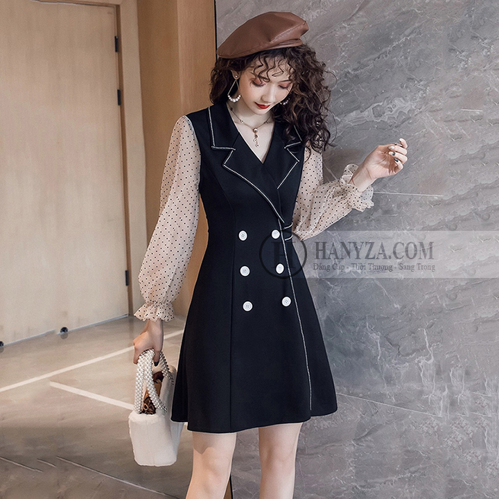Váy nữ cổ vest tay voan chấm bi