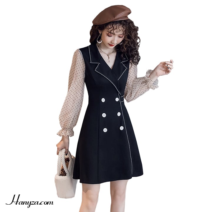 Váy nữ cổ vest tay voan chấm bi