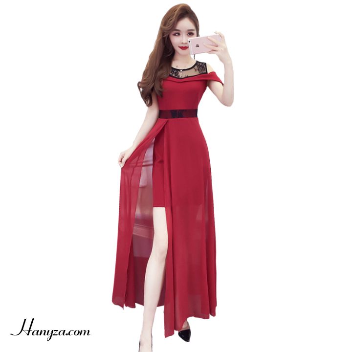 Váy dài ren voan xẻ hông cup ngực
