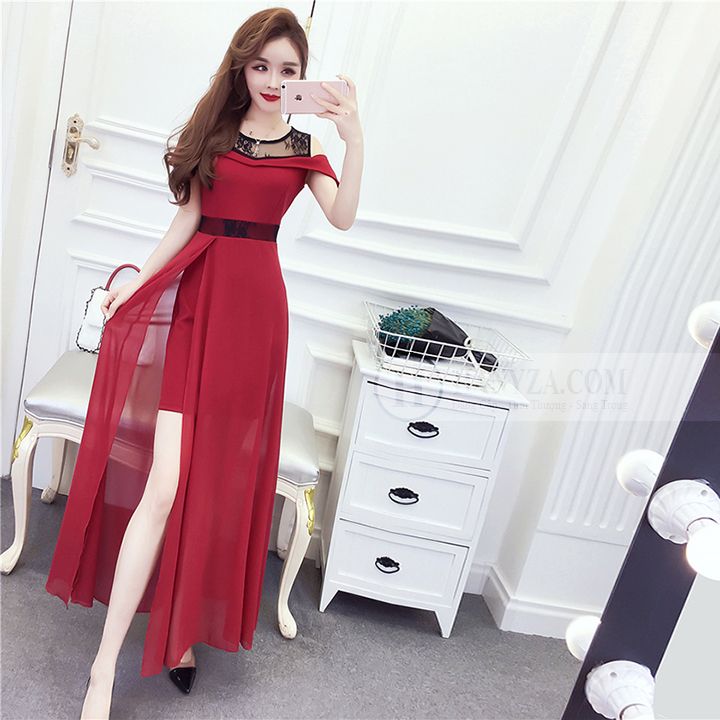 Váy dài ren voan xẻ hông cup ngực