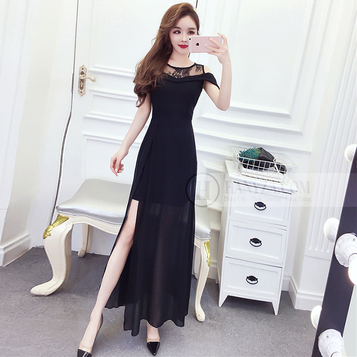 Váy dài ren voan xẻ hông cup ngực