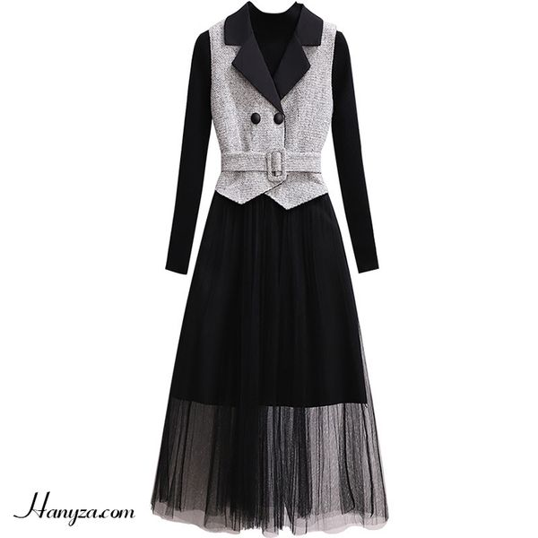 Bộ váy dài cổ vest kèm áo len cổ lọ tay dài