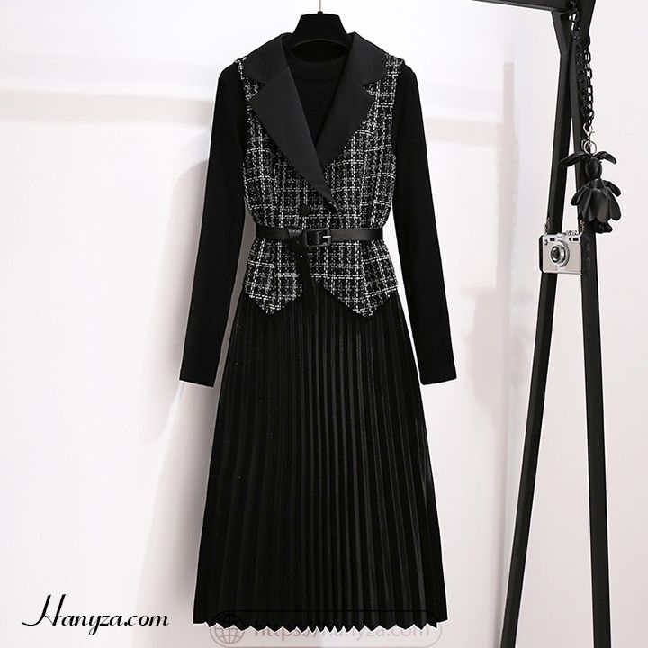 Đầm đen tay dài cổ Vest viền ren Big size 65kg - Kho Hàng Sỉ ANN