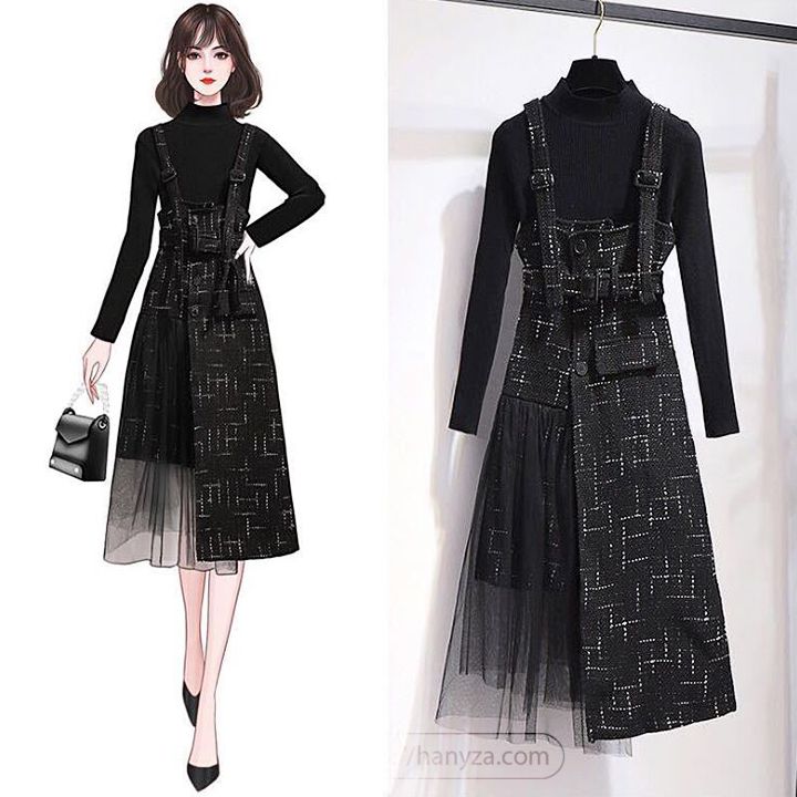 Đầm len cổ lọ chân váy rúm ly