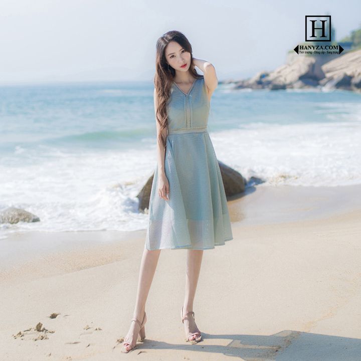 Váy nữ cổ chữ V bóp eo dễ thương