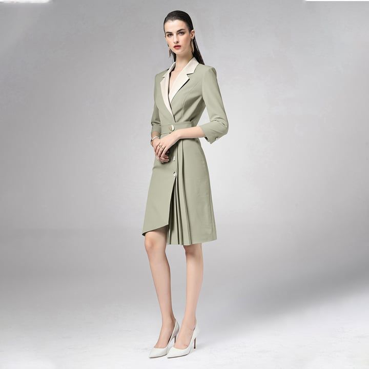 [R&N] Váy nữ cao cấp cổ vest tay lỡ vạt xếp ly R-L21599LW