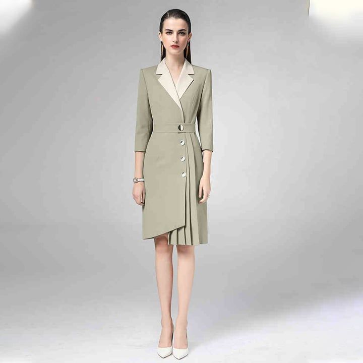 [R&N] Váy nữ cao cấp cổ vest tay lỡ vạt xếp ly R-L21599LW