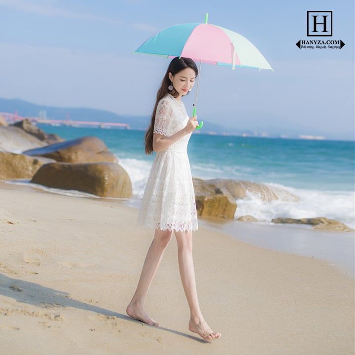 Váy ren nữ cổ tròn ngắn tay