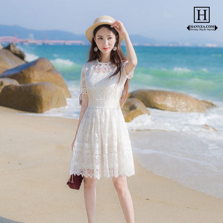 Váy ren nữ cổ tròn ngắn tay