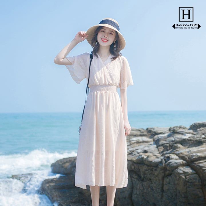 Váy dài nữ cổ chữ V phong cách Pháp