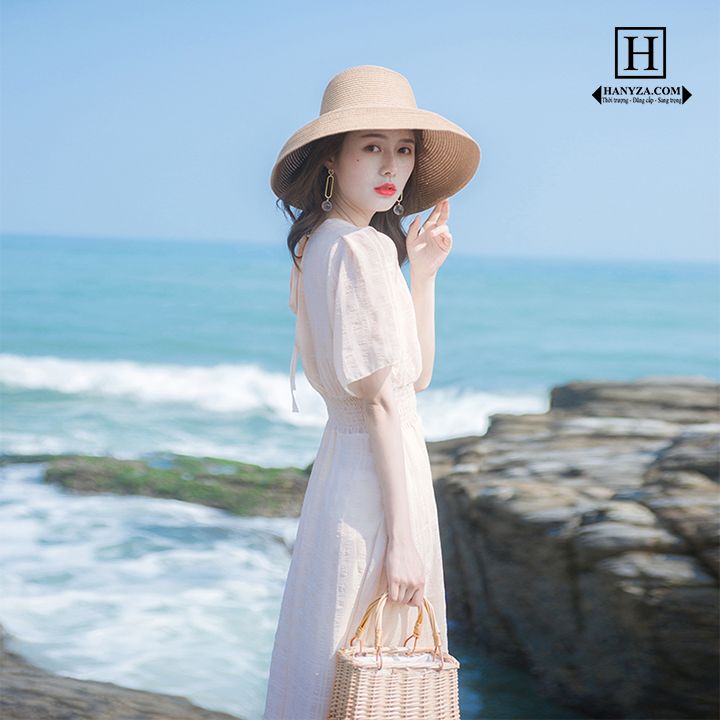 Váy dài nữ cổ chữ V phong cách Pháp