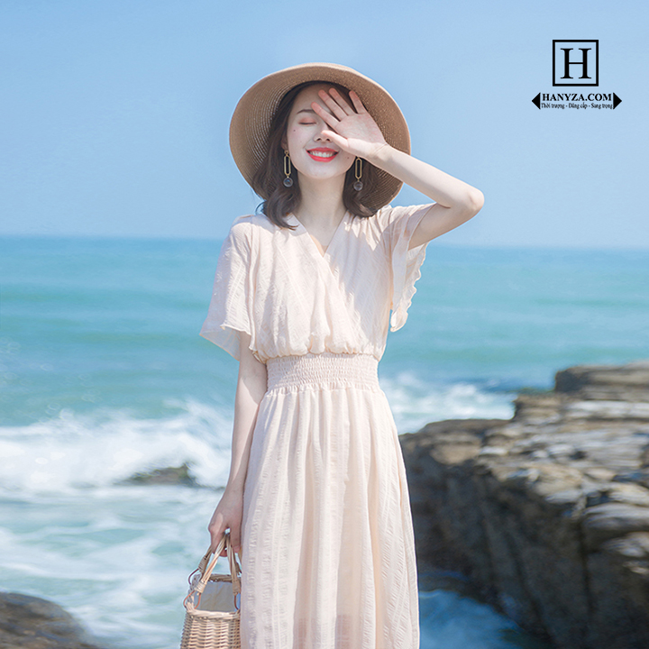 Váy dài nữ cổ chữ V phong cách Pháp