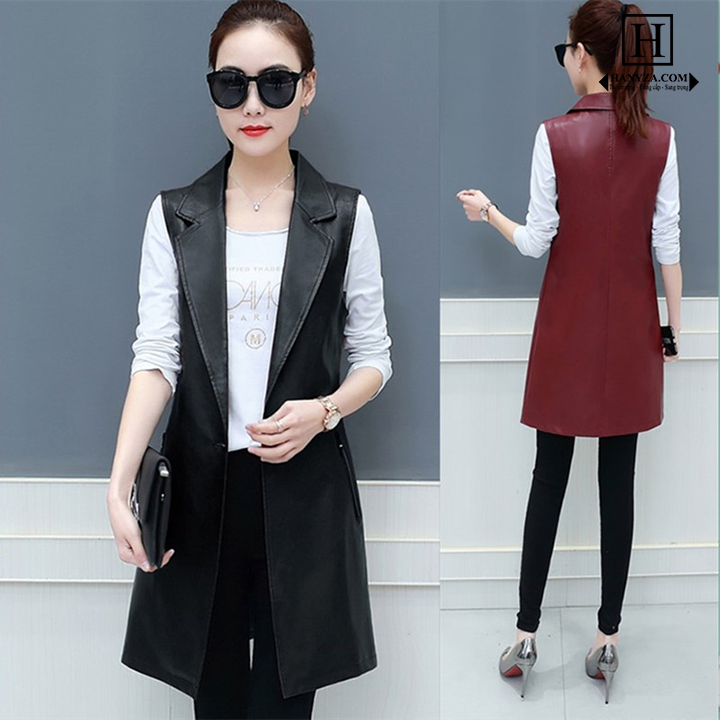 Áo Gile da nữ dáng dài cúc đơn trẻ trung