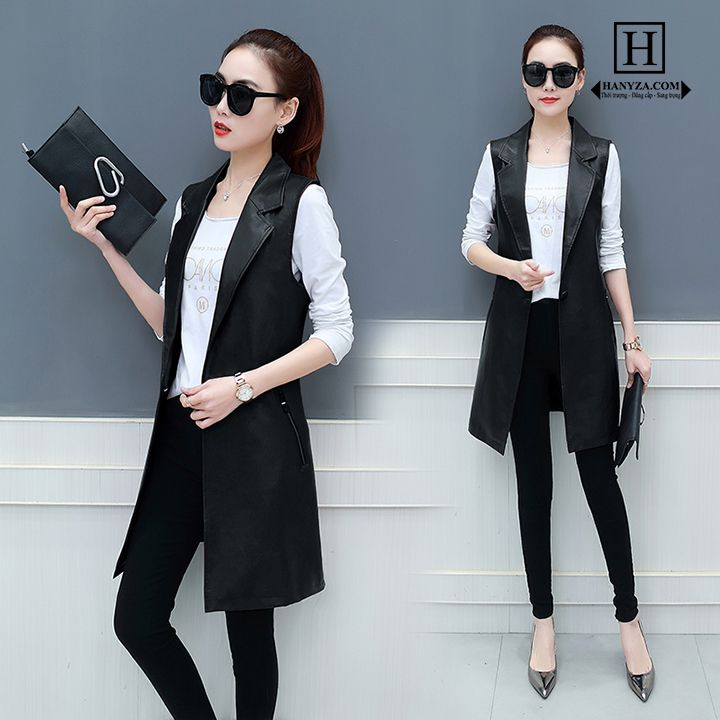 Áo Gile da nữ dáng dài cúc đơn trẻ trung