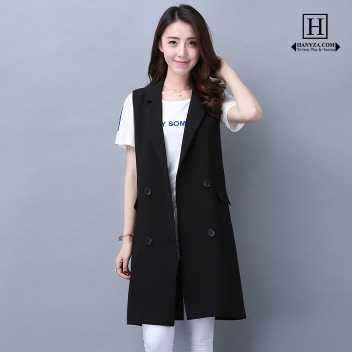 Áo Gilê nữ dáng dài cổ vest 4 cúc thời trang