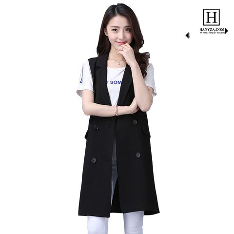 Áo Gilê nữ dáng dài cổ vest 4 cúc thời trang