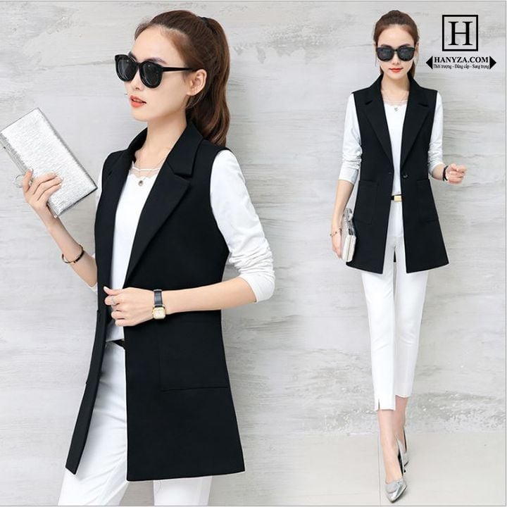 Áo gile nữ dáng lỡ cổ vest