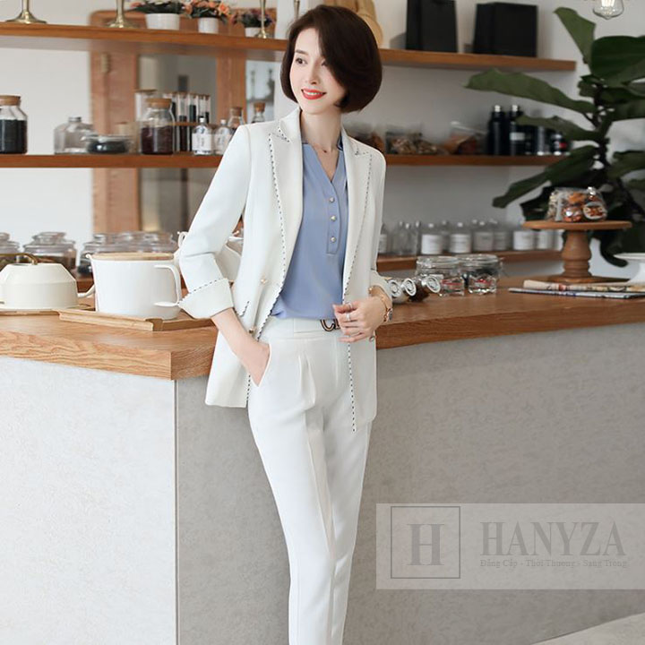 Bộ vest nữ 3 mảnh 4 cúc vạt phối viền