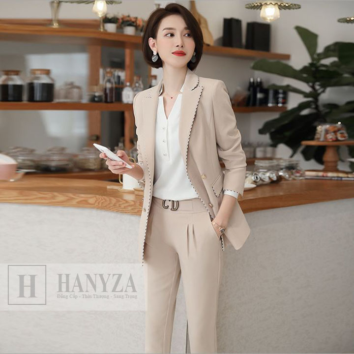 Bộ vest nữ 3 mảnh 4 cúc vạt phối viền