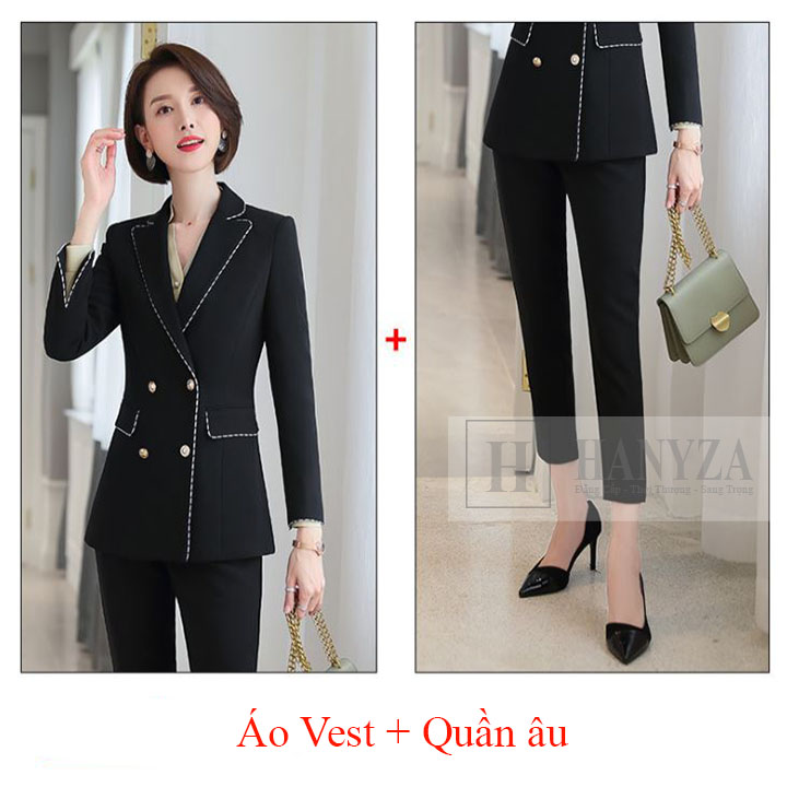 Bộ vest nữ 3 mảnh 4 cúc vạt phối viền