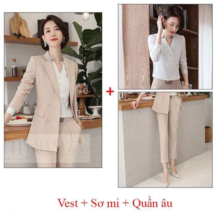 Bộ vest nữ 3 mảnh 4 cúc vạt phối viền