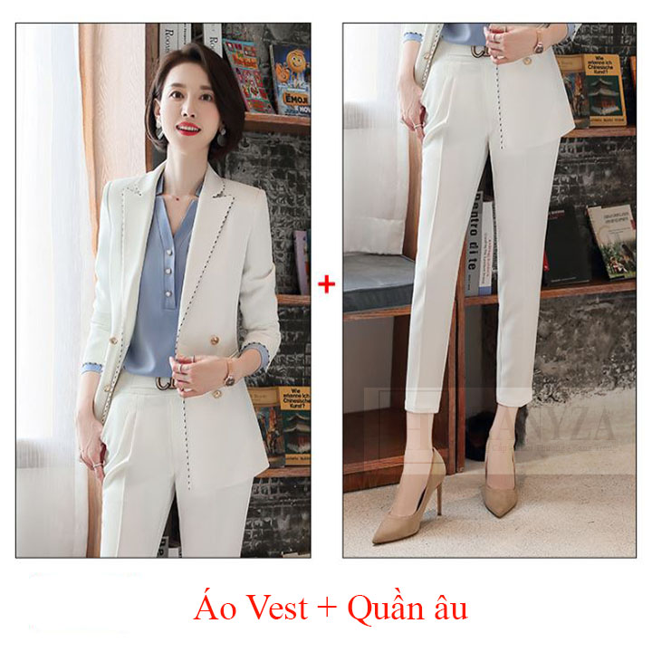 Bộ vest nữ 3 mảnh 4 cúc vạt phối viền