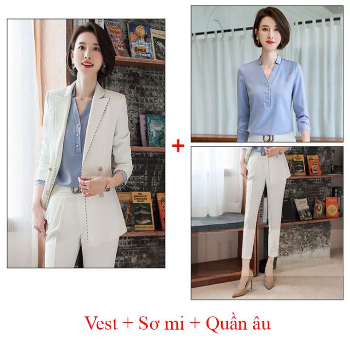 Bộ vest nữ 3 mảnh 4 cúc vạt phối viền