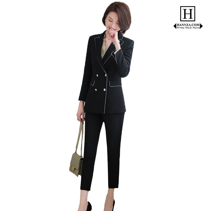 Bộ vest nữ 3 mảnh 4 cúc vạt phối viền