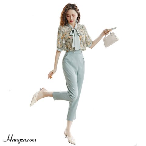 Bộ công sở nữ áo sơ mi tay lỡ cổ phối nơ