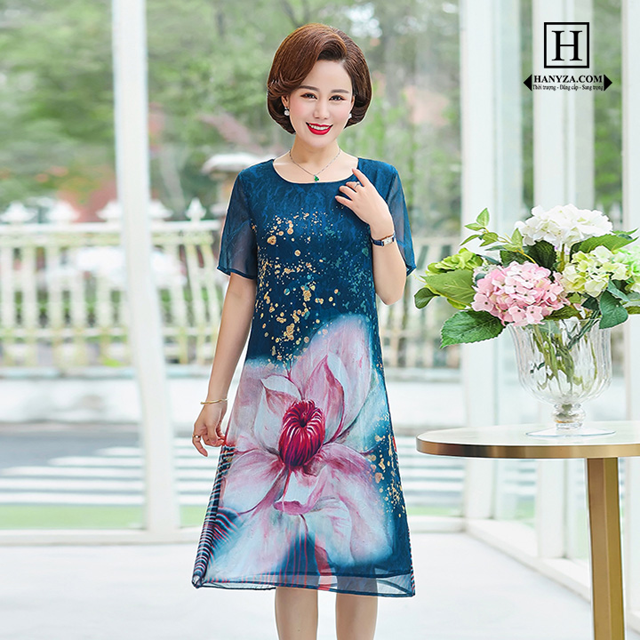 Váy voan trung niên nữ in hoa quý phái