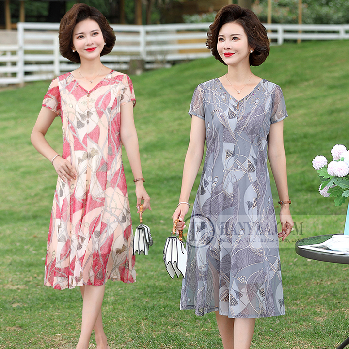 Váy voan nữ trung niên in màu họa tiết 3D