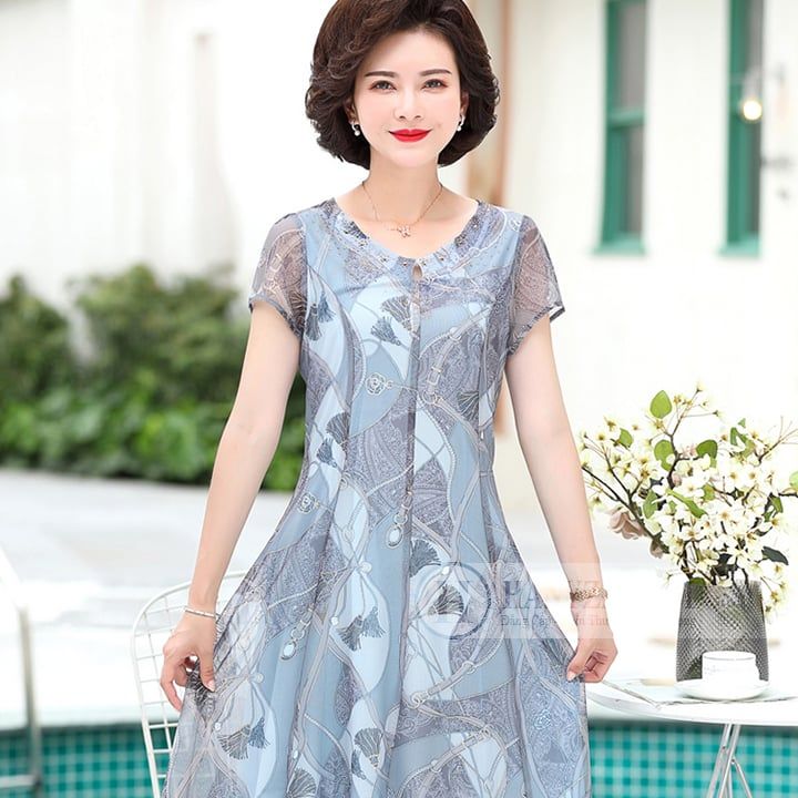Váy chiffon nữ trung niên cổ tròn ngắn tay