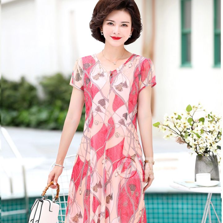 Váy chiffon nữ trung niên cổ tròn ngắn tay