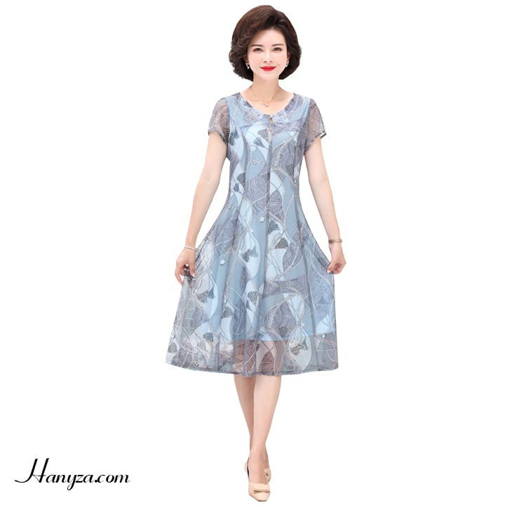 Váy chiffon nữ trung niên cổ tròn ngắn tay