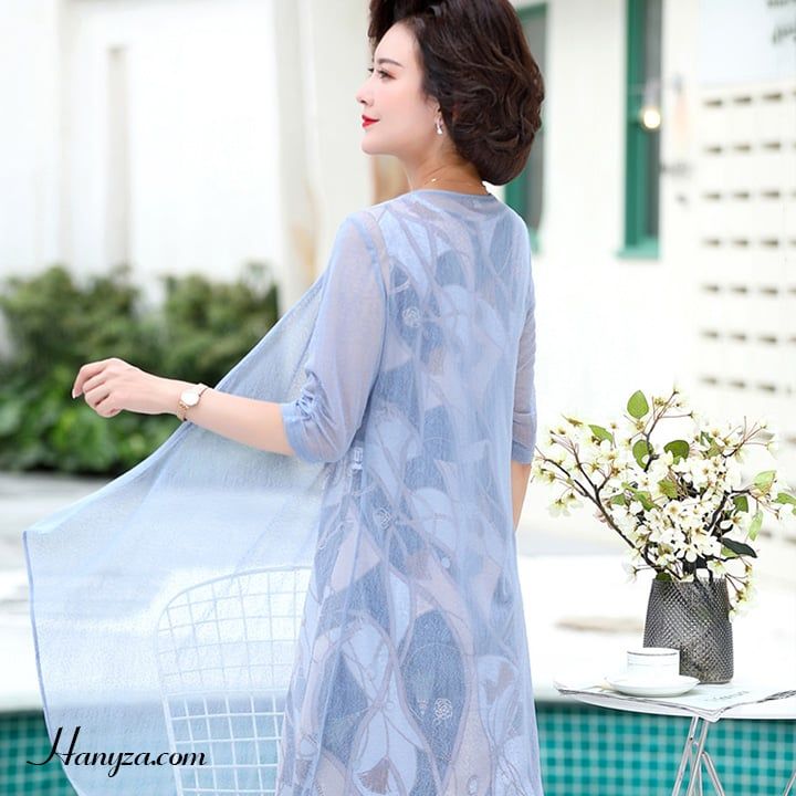 Váy nữ trung niên phối áo khoác voan mỏng thắt đai