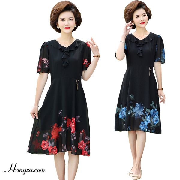 Váy nữ trung niên cổ trong in họa tiết nổi