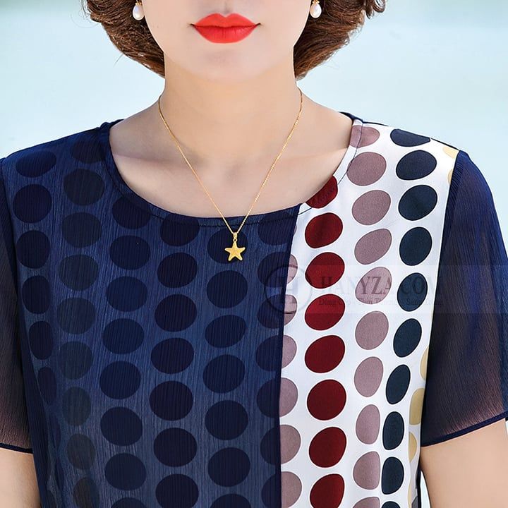 Váy nữ trung niên phối voan họa tiết chấm bi