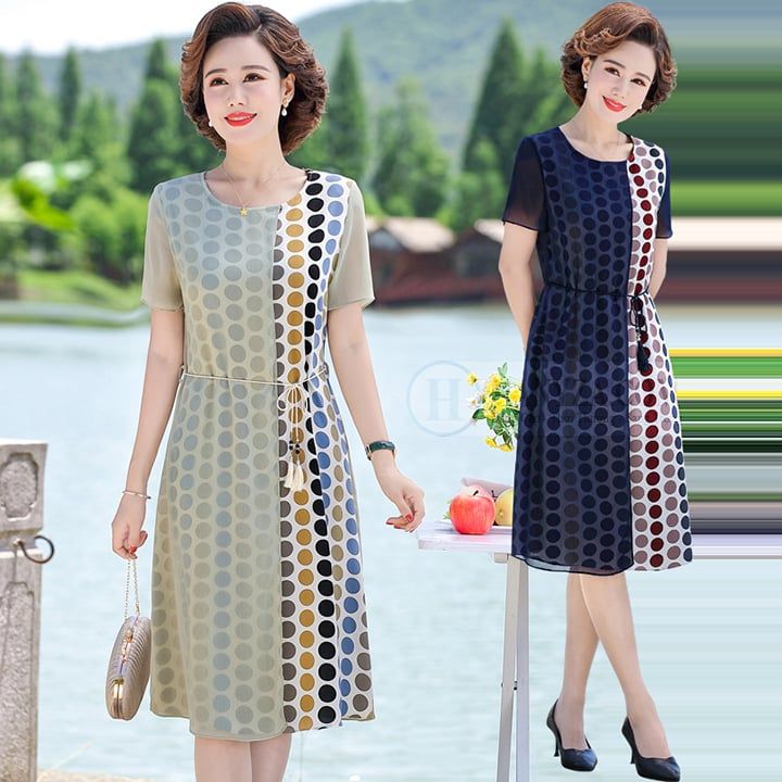 Váy nữ trung niên phối voan họa tiết chấm bi