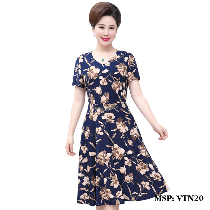 Váy nữ trung niên cổ chữ V in hoa