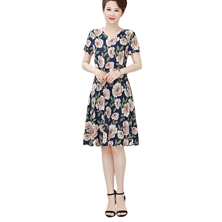 Váy nữ trung niên cổ chữ V in hoa