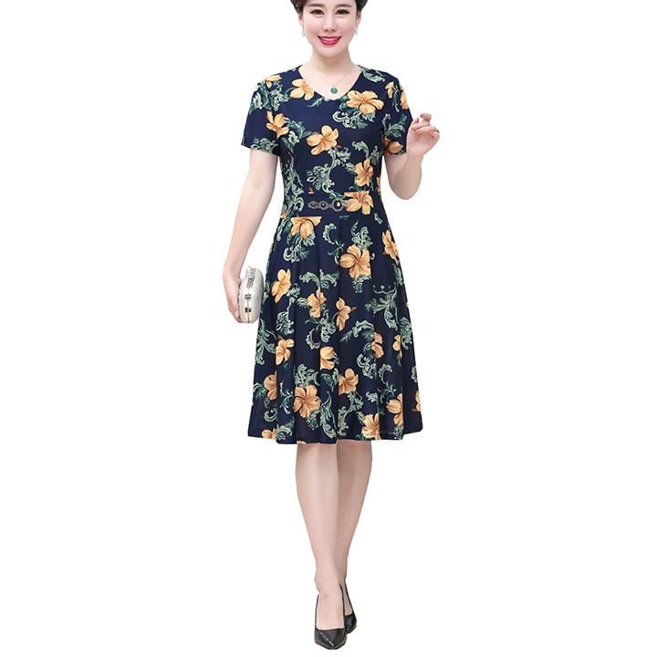 Váy nữ trung niên cổ chữ V in hoa