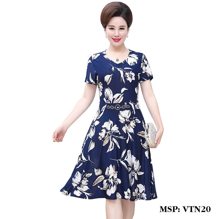Váy nữ trung niên cổ chữ V in hoa