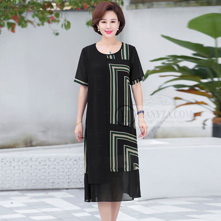 Váy voan 2 lớp nữ trung niên phối họa tiết dáng suông