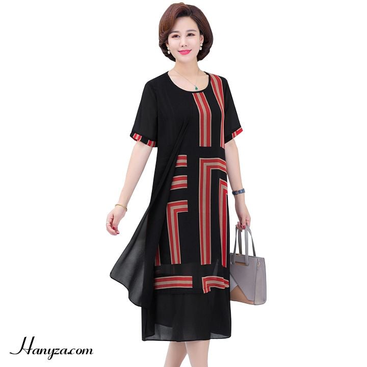 Váy voan 2 lớp nữ trung niên phối họa tiết dáng suông - Hanyza Store