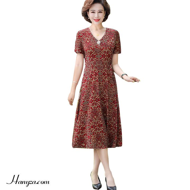 Đầm suông trung niên dự tiệc cao cấp in hoa sen  Mua váy trung niên đẹp