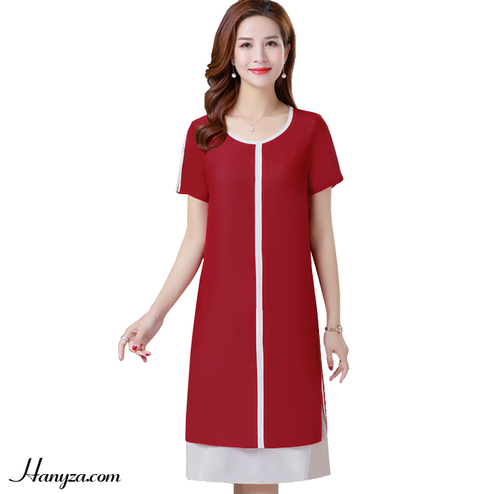 Váy nữ trung niên cổ tròn dáng suông 2 tầng
