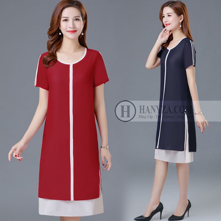 Váy nữ trung niên cổ tròn dáng suông 2 tầng