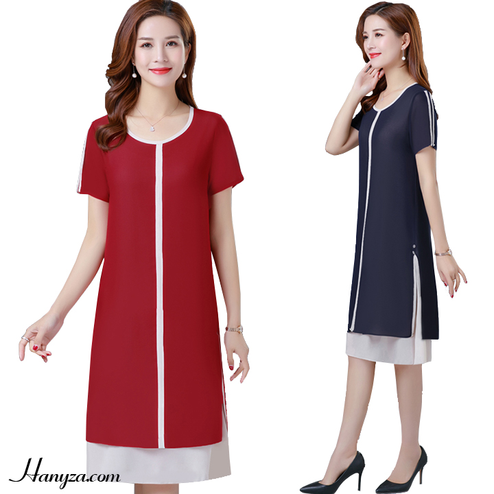 Váy nữ trung niên cổ tròn dáng suông 2 tầng