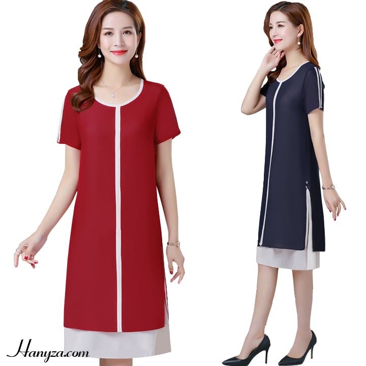 Váy nữ trung niên cổ tròn dáng suông 2 tầng