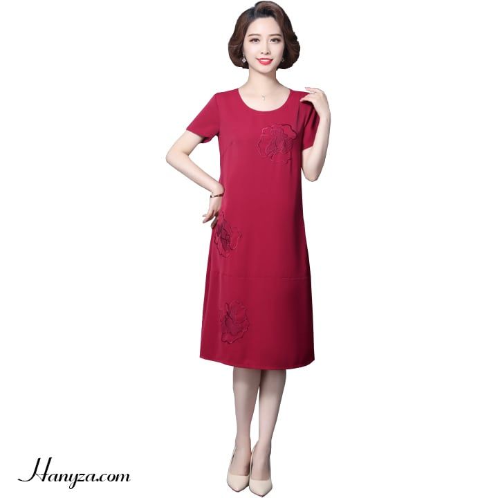 Váy suông nữ trung niên ngăn tay thêu hoa nổi